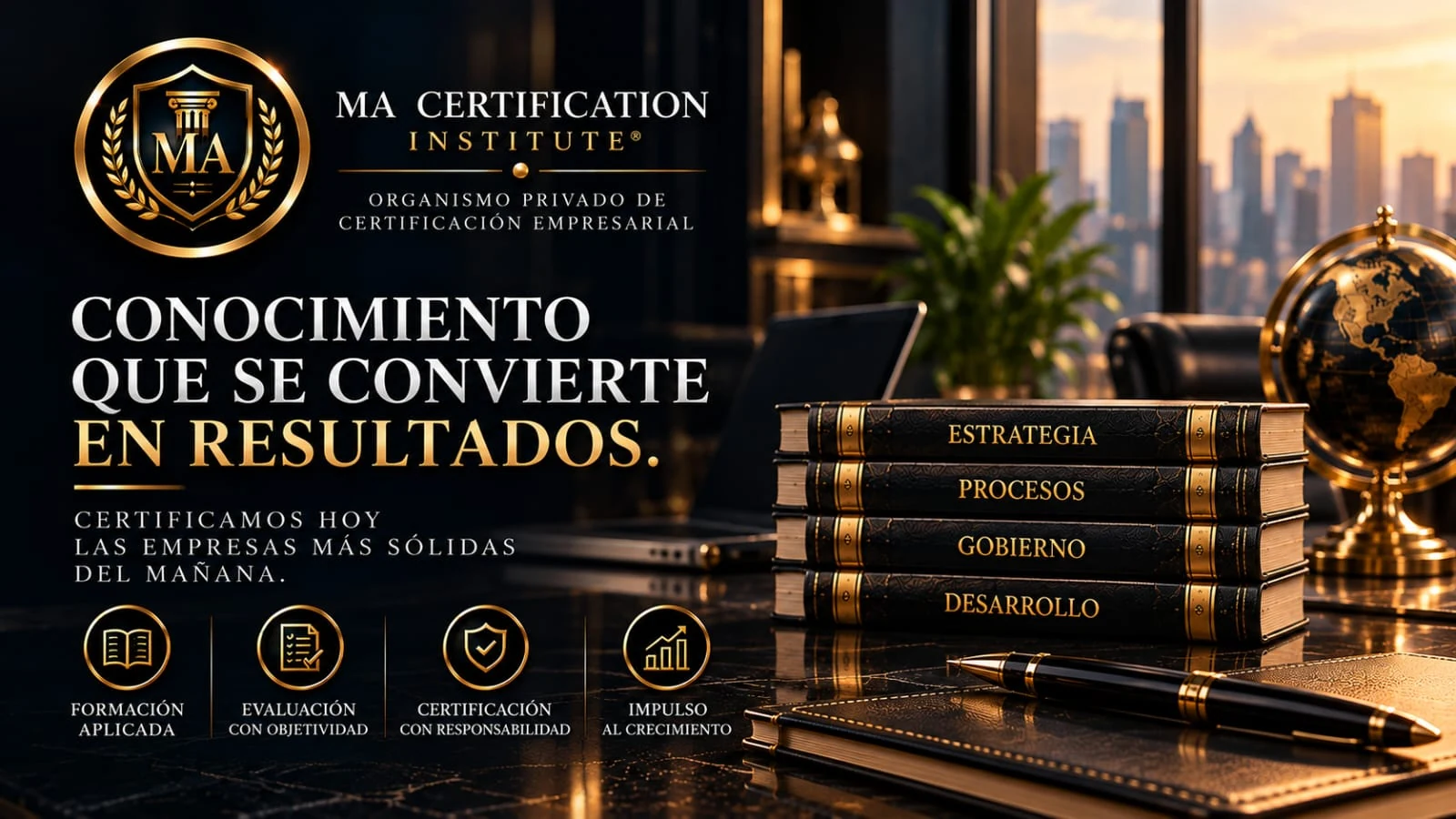 Identidad institucional en azul marino y dorado de MA Certification Institute